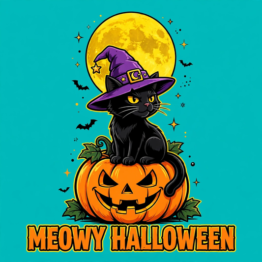 Meowy Halloween Cat Sweatshirt - Witch Cat on Pumpkin Graphic Sweatshirt - design
