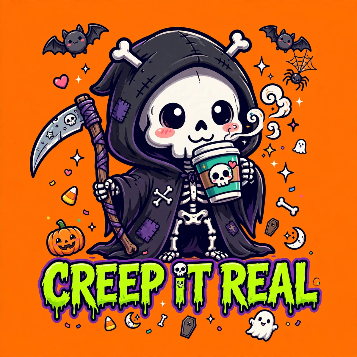 Creep It Real Sweatshirt - Cute Grim Reaper Coffee Halloween Sweatshirt - design