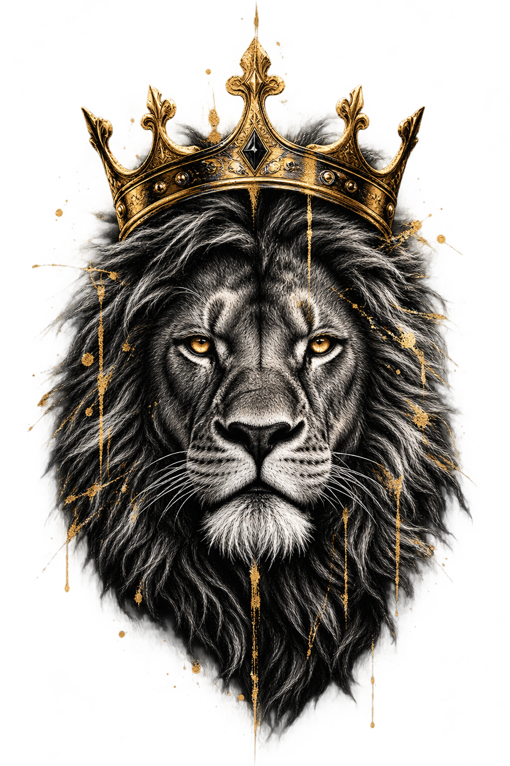 Crowned lion head design with gold paint splashes