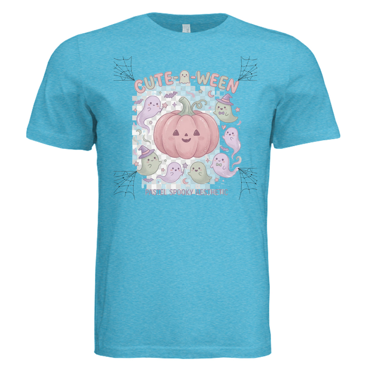 AQUA TRIBLEND Pastel spooky aesthetic with lavender and sage ghosts floating around a soft pink pumpkin, cute-o-ween style illustration - 3413C - FRONT