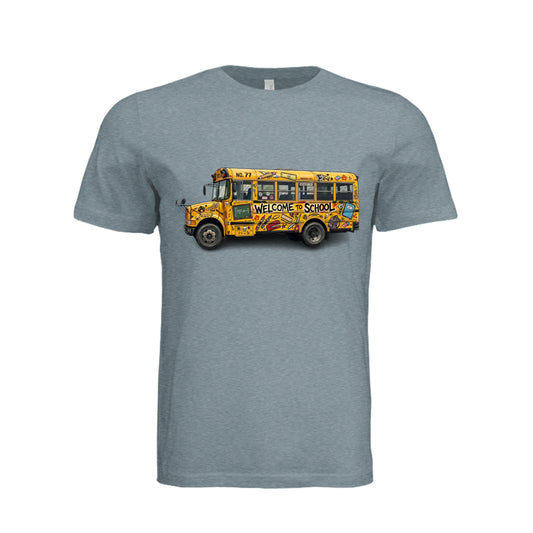 Preppy school bus graphic tee with apple, books and sunflower - Back to School design