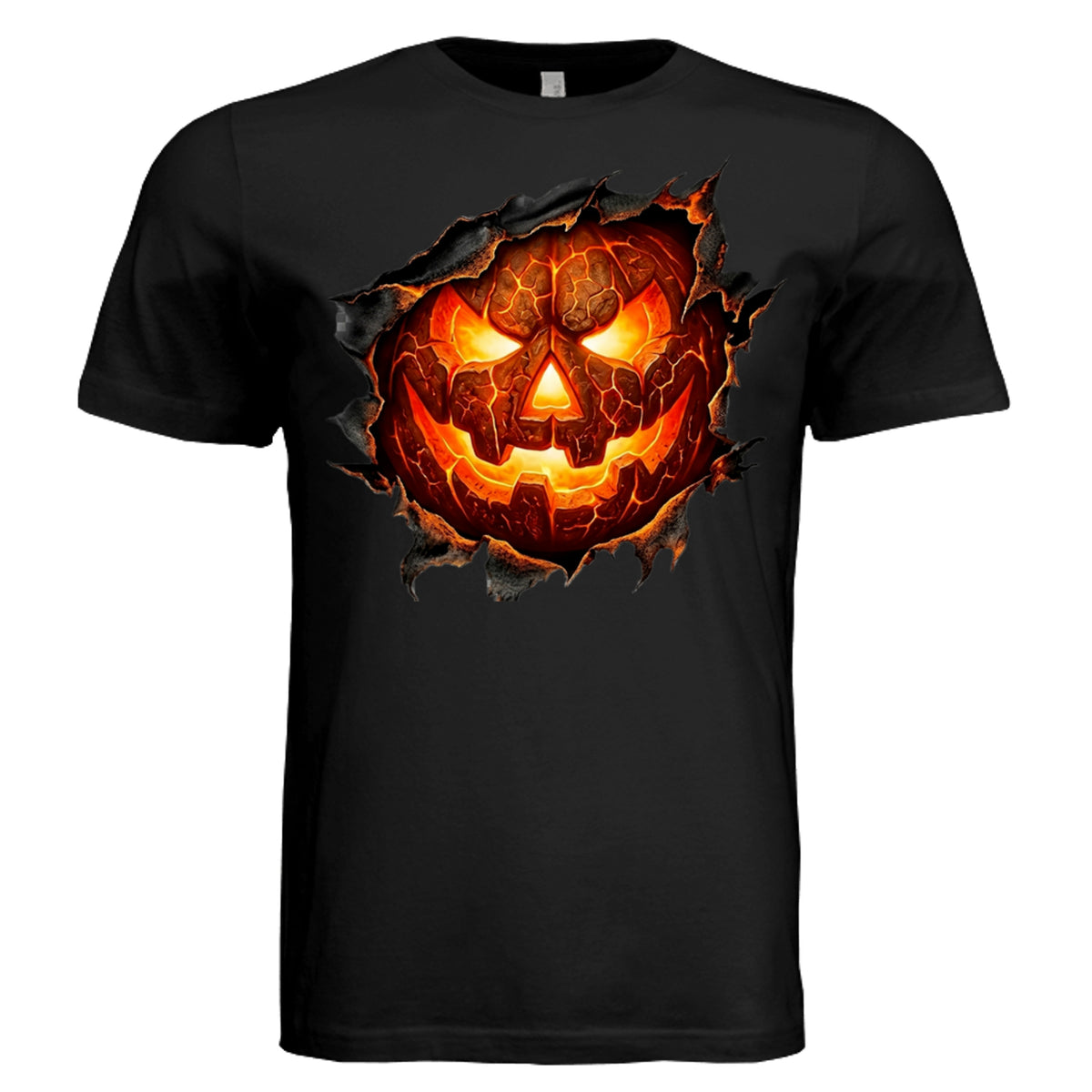 Back t-shirt with realistic carved jack-o-lantern face design, glowing embers, Halloween graphic tee Solid Black Triblend - 3413C - FRONT