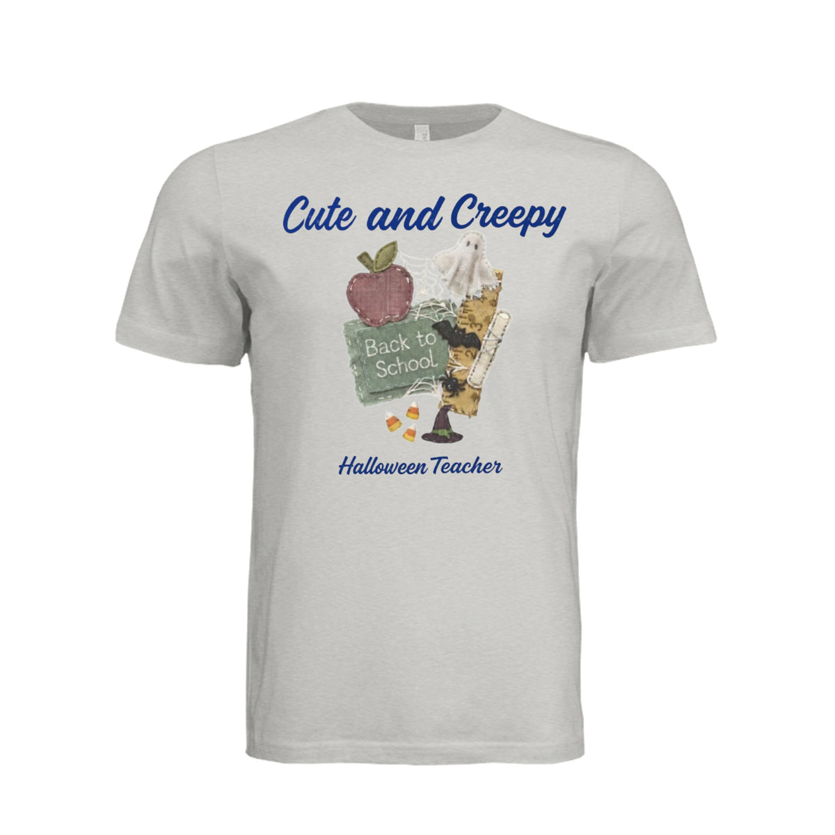 Cement "Cute and Creepy Halloween Teacher t-shirt with fabric collage design of apple, chalkboard, and candy corn, back to school theme"