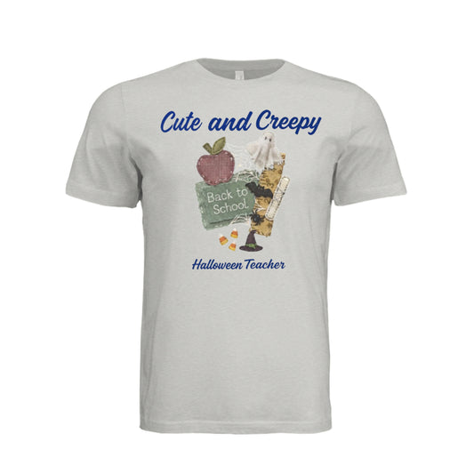 Cement "Cute and Creepy Halloween Teacher t-shirt with fabric collage design of apple, chalkboard, and candy corn, back to school theme"