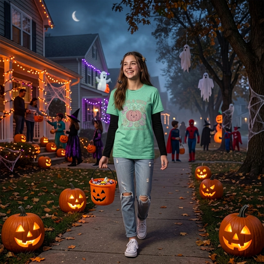 Pastel Halloween Ghosts T-Shirt | Cute Spooky Pumpkin Graphic Tee Unisex Triblend Short-Sleeve T-Shirt