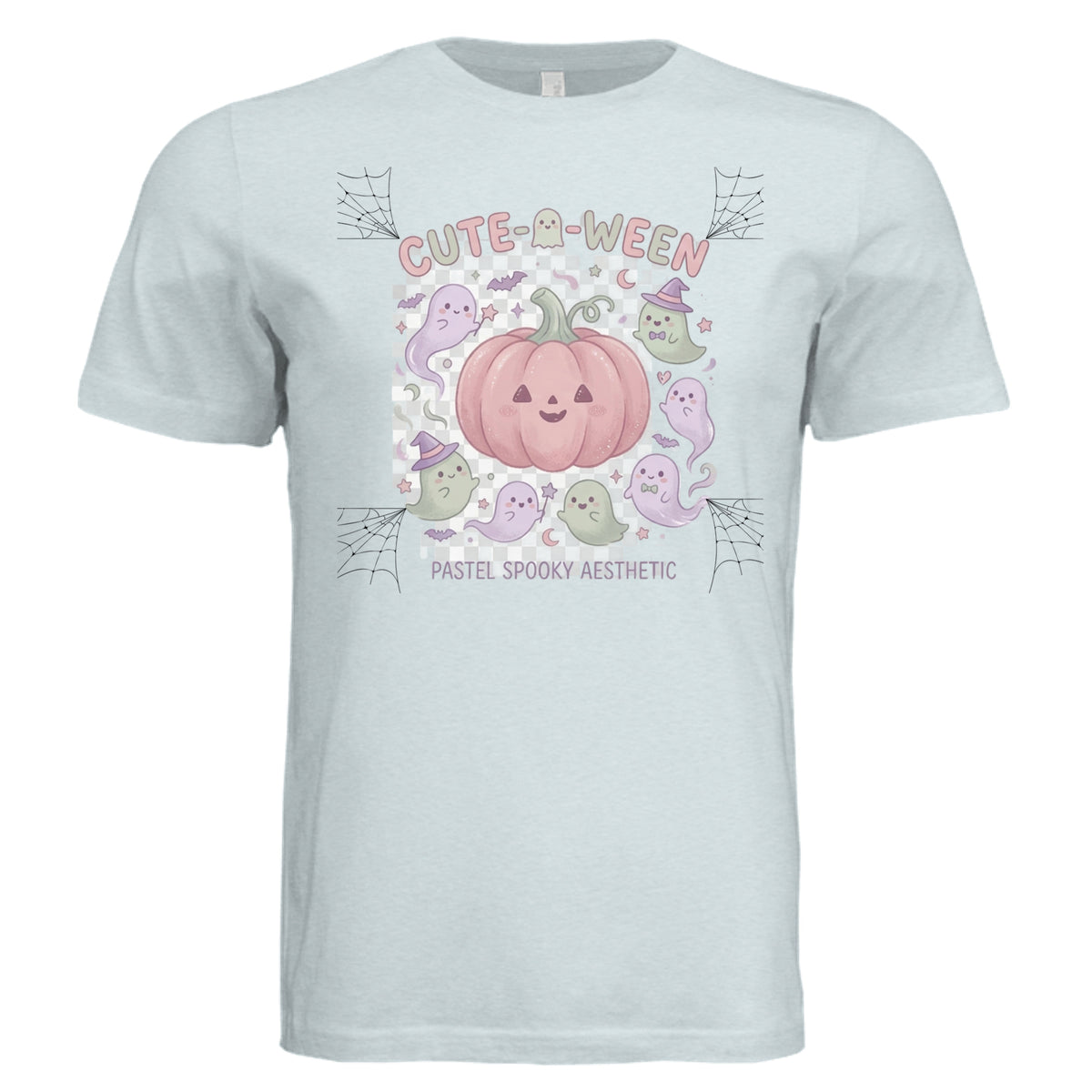 ICE BLUE TRIBLND  "Pastel spooky aesthetic with lavender and sage ghosts floating around a soft pink pumpkin, cute-o-ween style illustration"- 3413C - FRONT