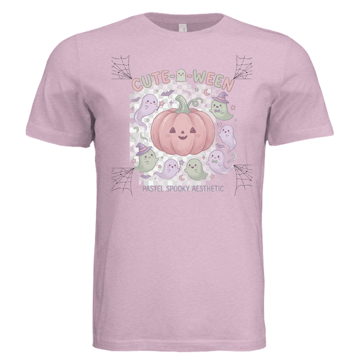 Lilac Triblend "Pastel spooky aesthetic with lavender and sage ghosts floating around a soft pink pumpkin, cute-o-ween style illustration"- 3413C - FRONT