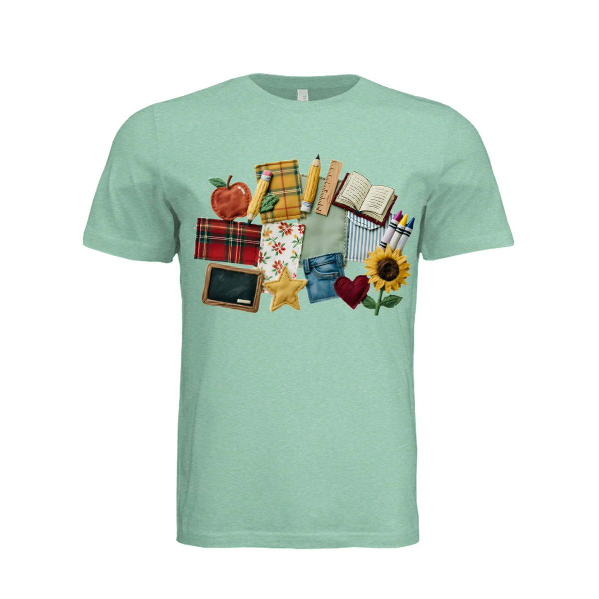 Back to school patchwork t-shirt with apple, books, ruler, chalkboard, sunflower and crayons design - front view ndm:1142044