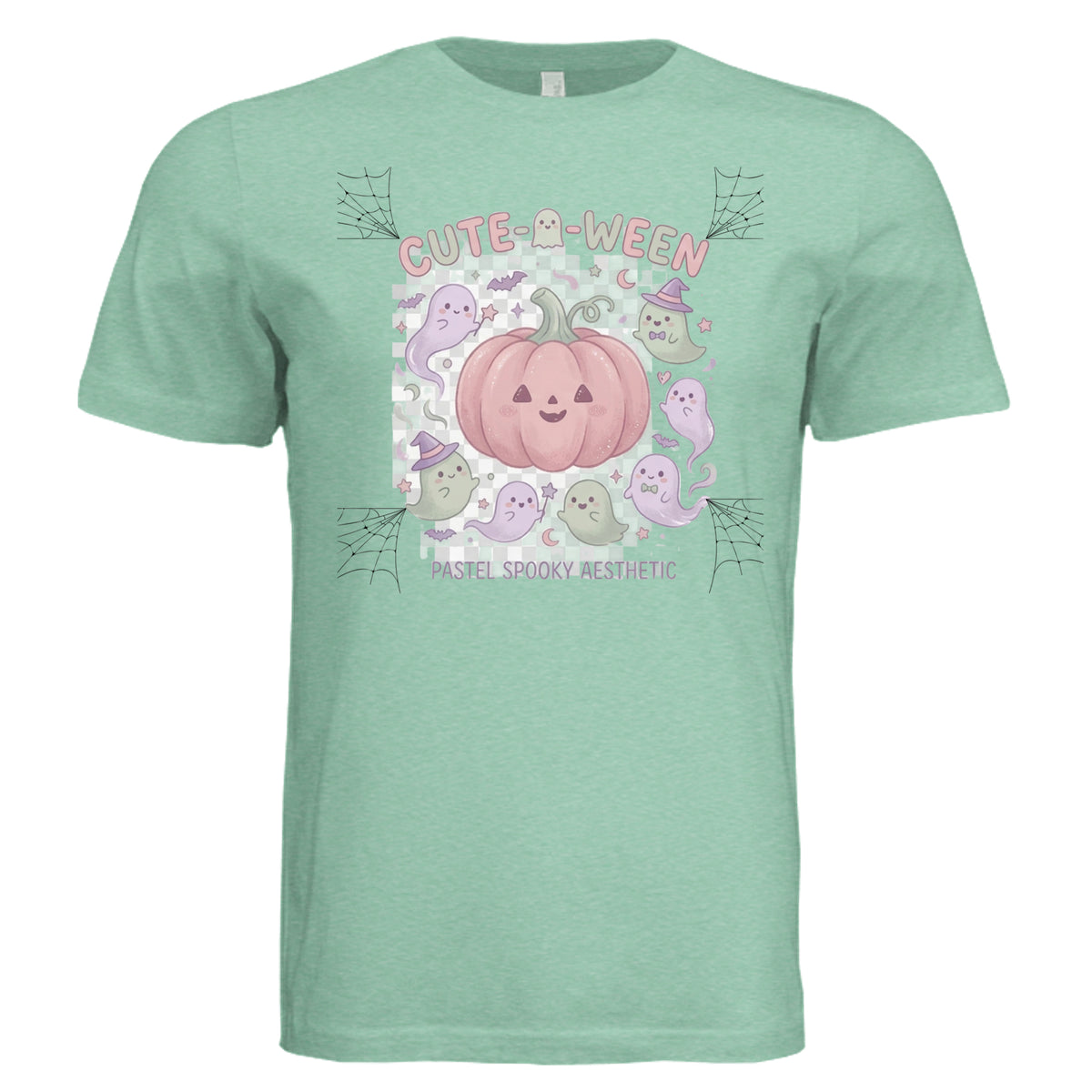 MINT TRIBLEND Pastel spooky aesthetic with lavender and sage ghosts floating around a soft pink pumpkin, cute-o-ween style illustration- 3413C - FRONT