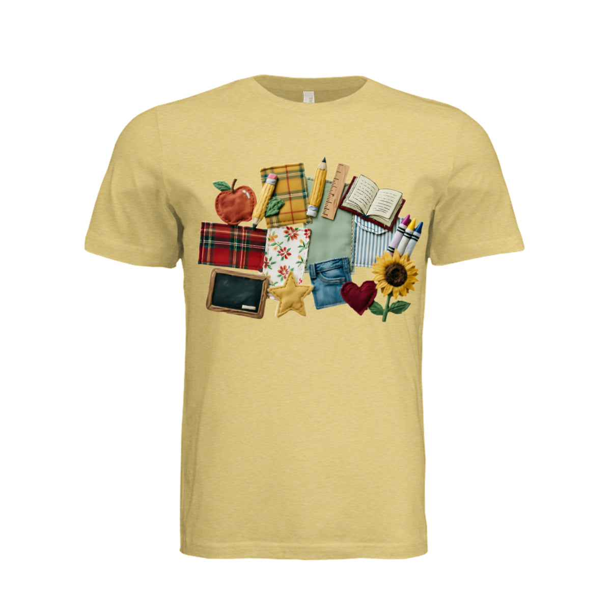 Mustard Triblend Back to school patchwork t-shirt with apple, books, ruler, chalkboard, sunflower and crayons design - front view ndm:1142046