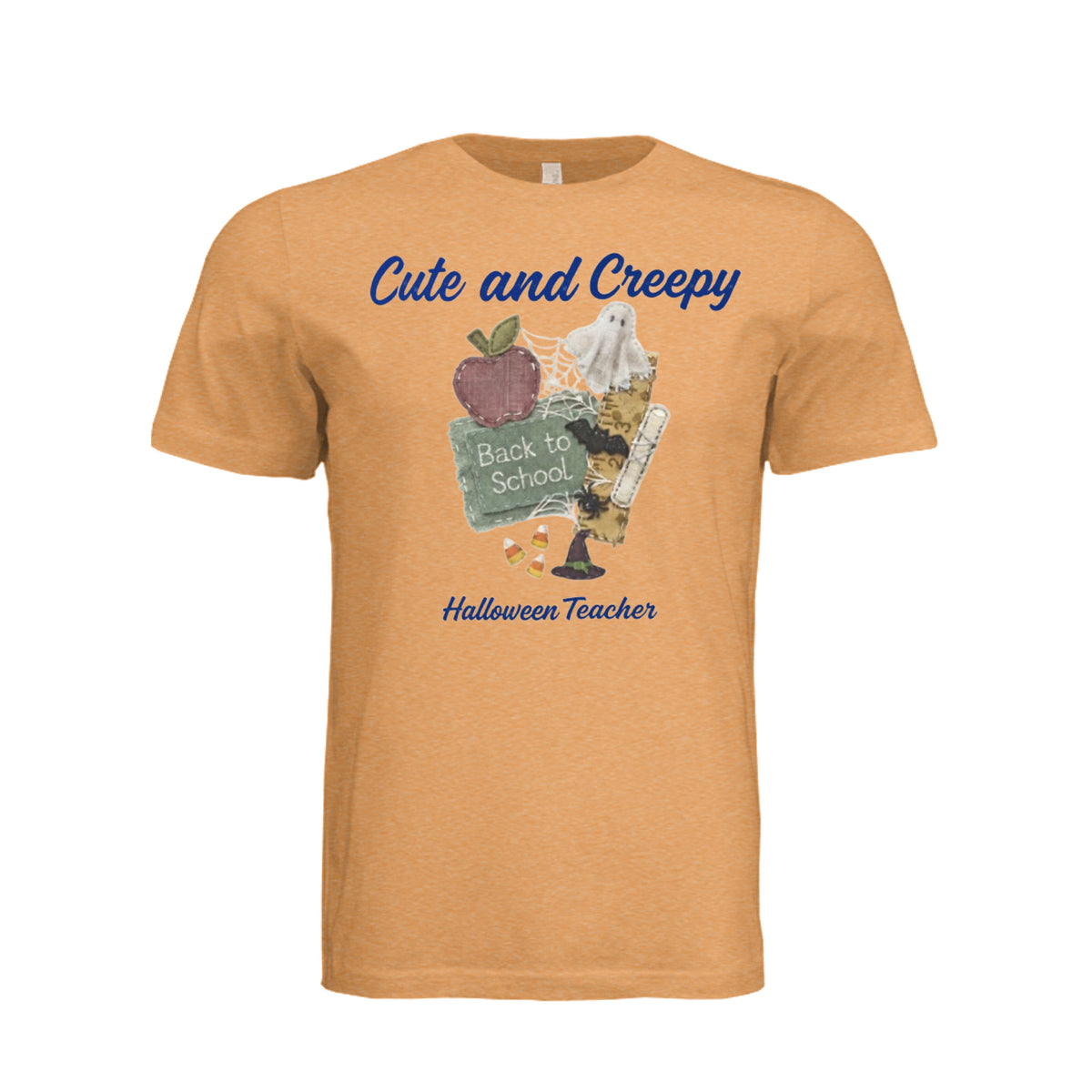 Orarange Cute and Creepy Halloween Teacher t-shirt with fabric collage design of apple, chalkboard, and candy corn, back to school theme"OraOrange 