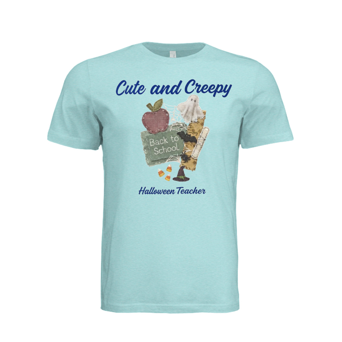 Sea Green "Cute and Creepy Halloween Teacher t-shirt with fabric collage design of apple, chalkboard, and candy corn, back to school theme"