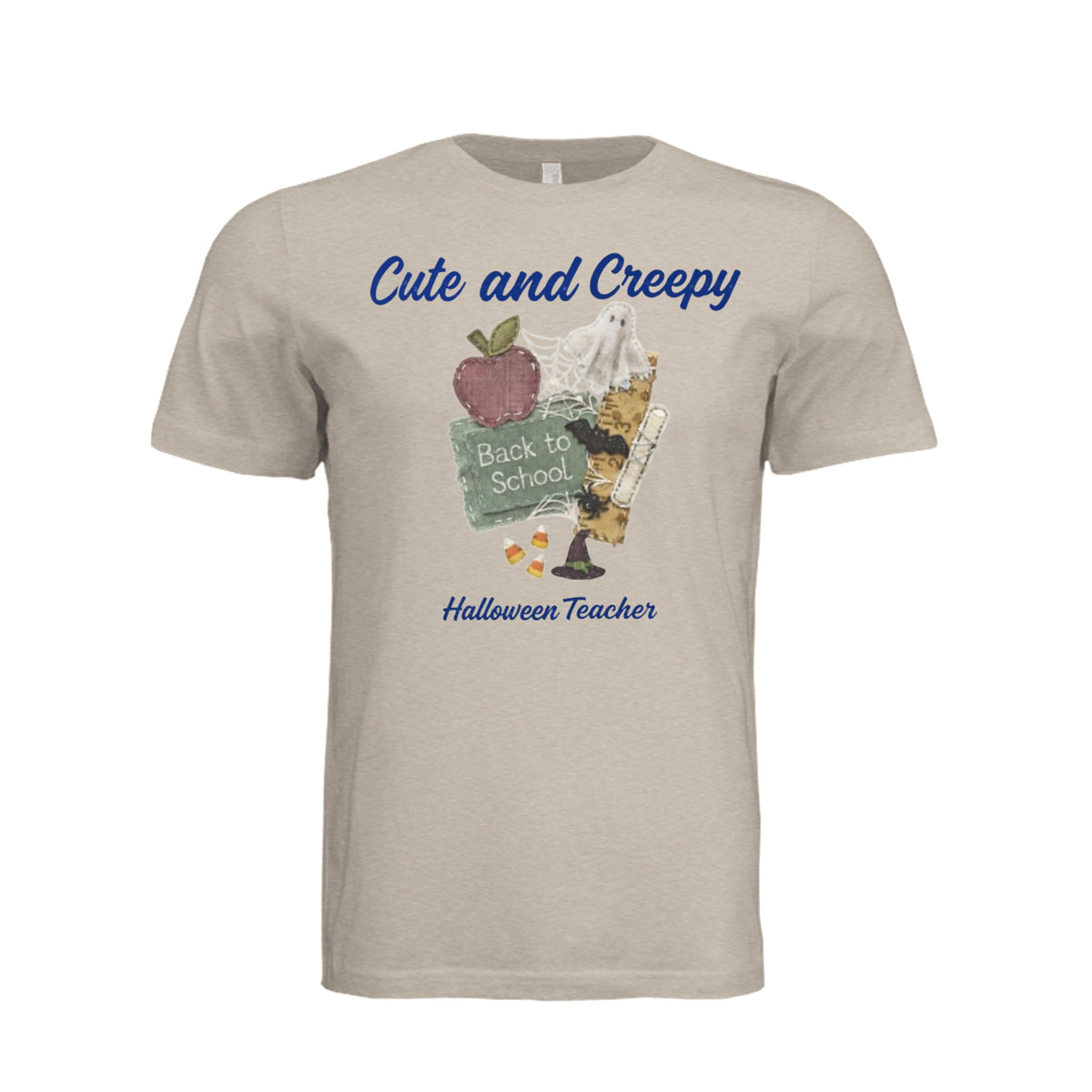 Tan"Cute and Creepy Halloween Teacher t-shirt with fabric collage design of apple, chalkboard, and candy corn, back to school theme":1364917