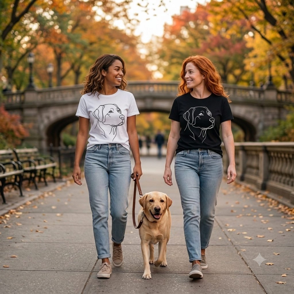 Black and white t-shirt with a minimalist Labrador Retriever design, women walking their dog in the park.