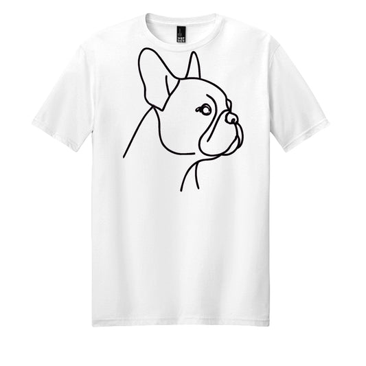 White - DM108 -FRONT Minimalist French Bulldog line art t-shirt design in black on white background