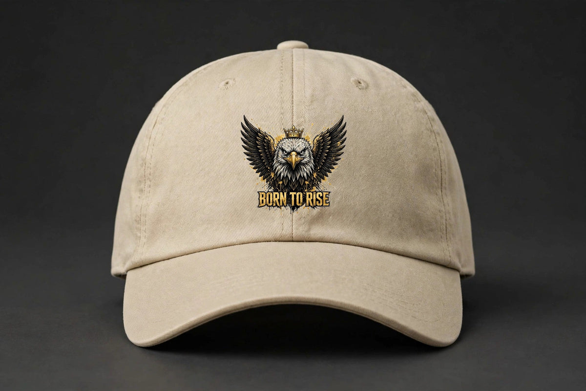 Born to Rise Eagle Cap - Crowned Eagle Gold Dad Hat - sand