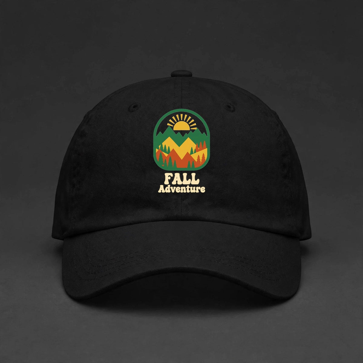 Fall Adventure Cap - Mountains and Pines Autumn Dad Hat - black