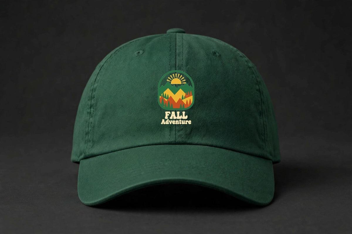 Fall Adventure Cap - Mountains and Pines Autumn Dad Hat - forest-green