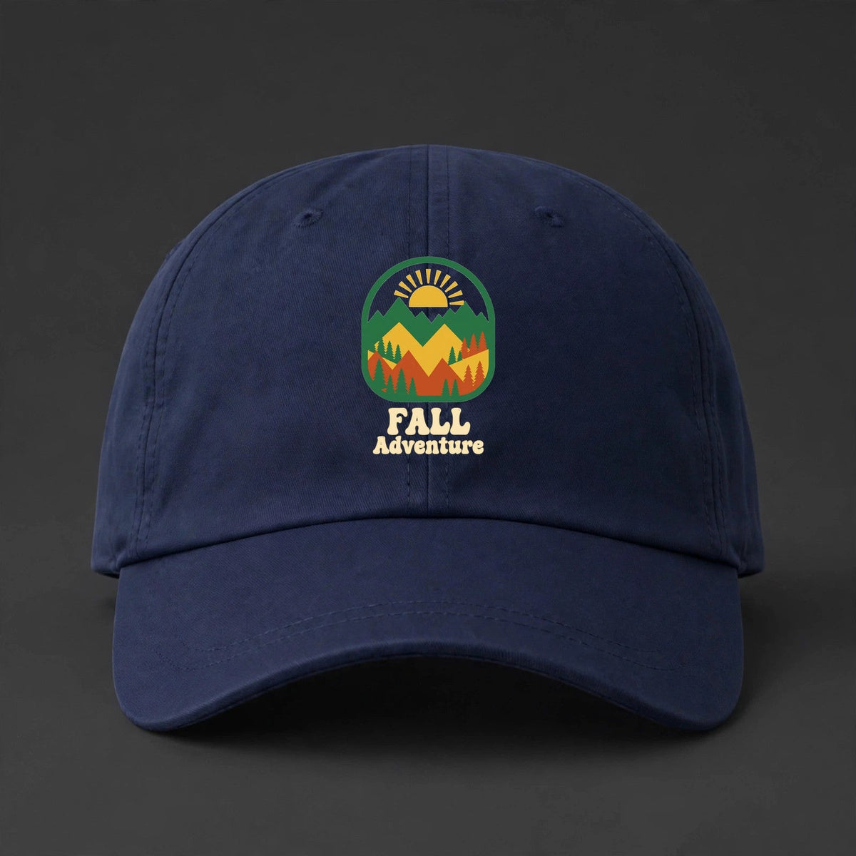 Fall Adventure Cap - Mountains and Pines Autumn Dad Hat - navy