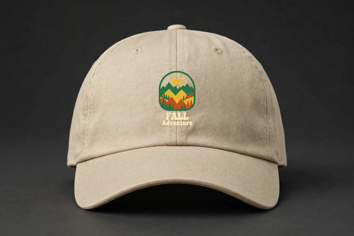 Fall Adventure Cap - Mountains and Pines Autumn Dad Hat - sand