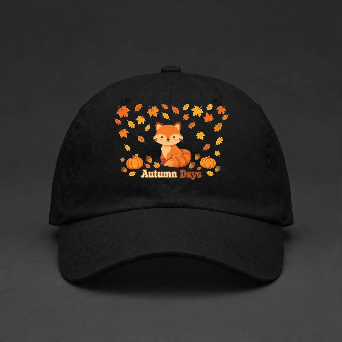 Autumn Days Fox Cap - Fox and Fall Leaves Dad Hat - black