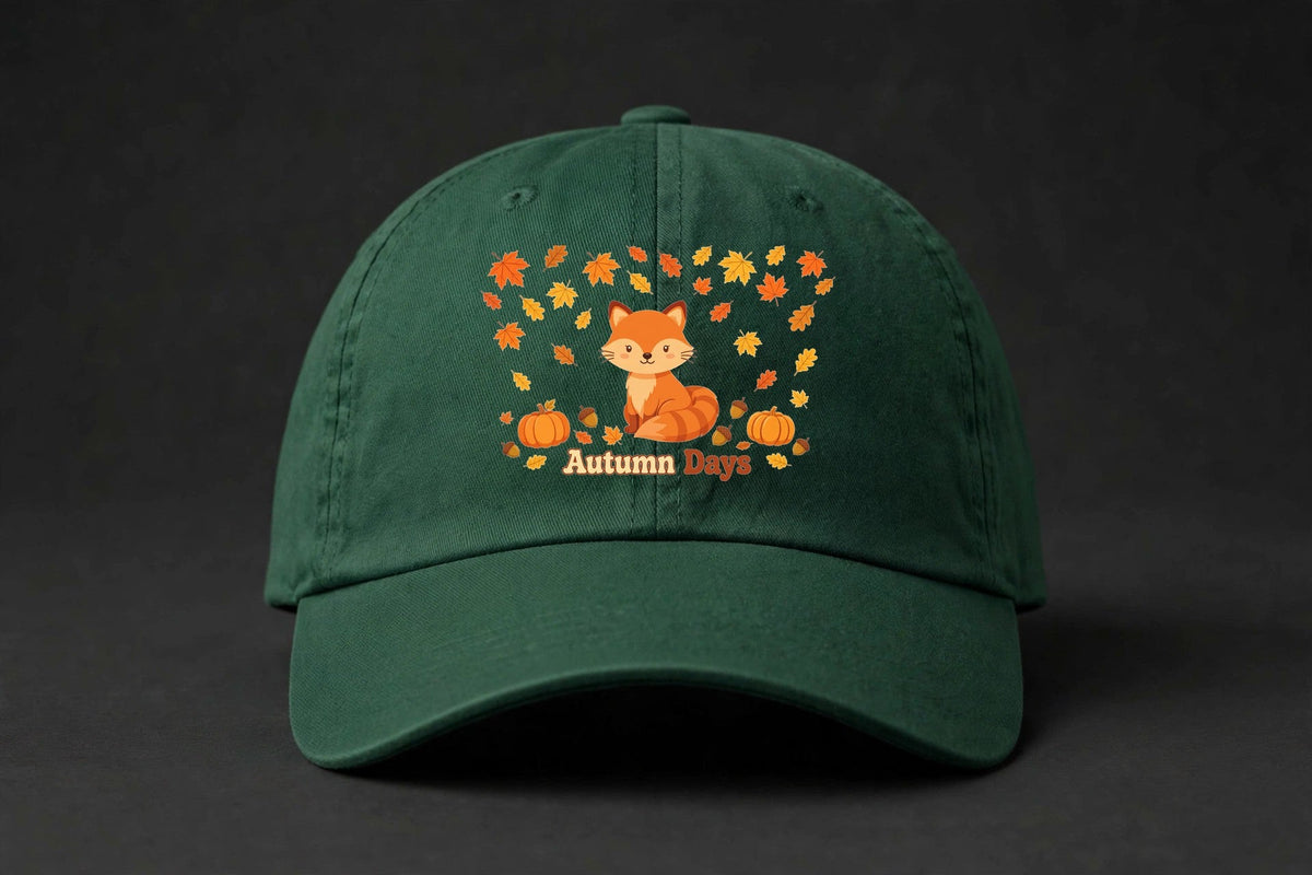 Autumn Days Fox Cap - Fox and Fall Leaves Dad Hat - forest-green