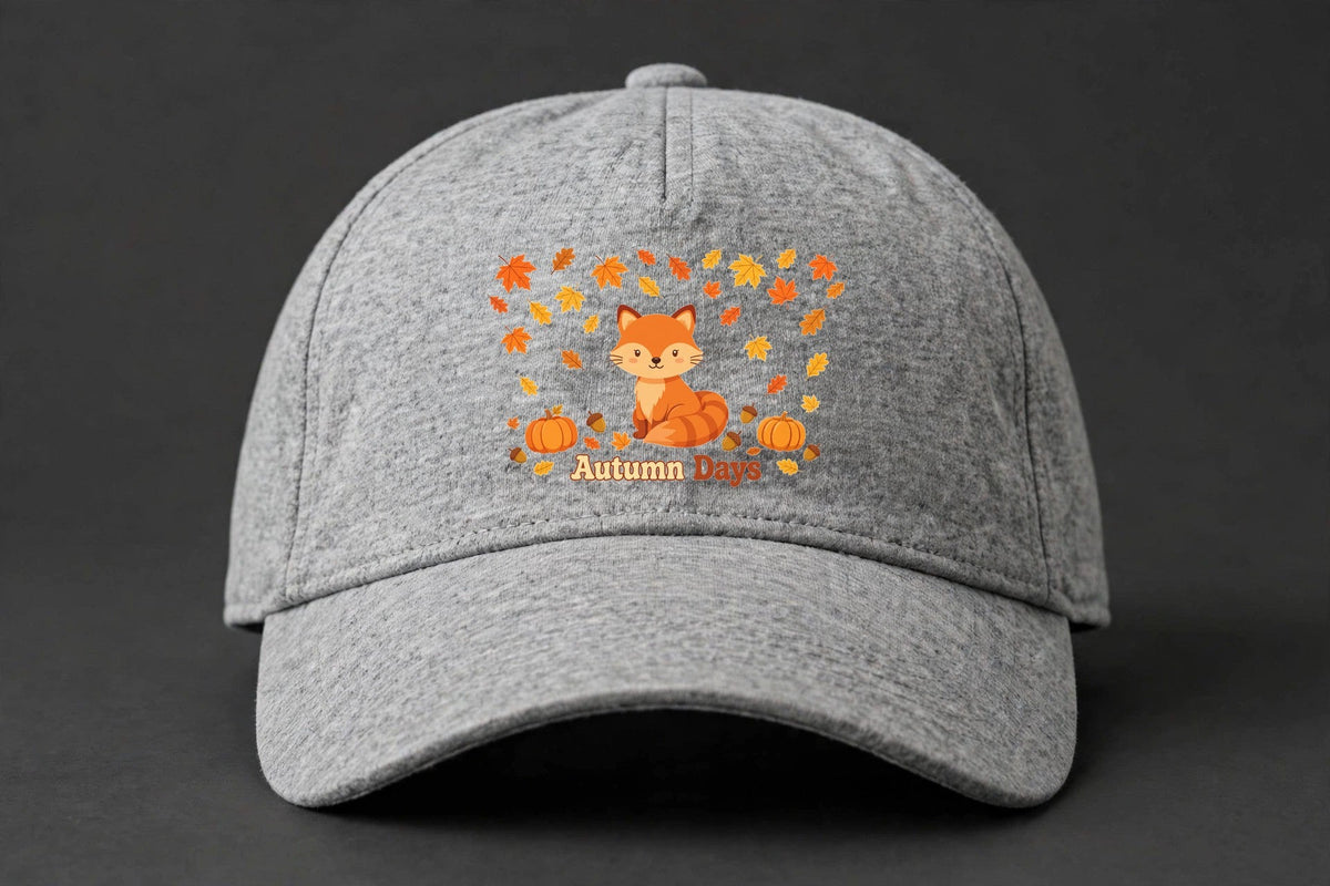 Autumn Days Fox Cap - Fox and Fall Leaves Dad Hat - heather-grey