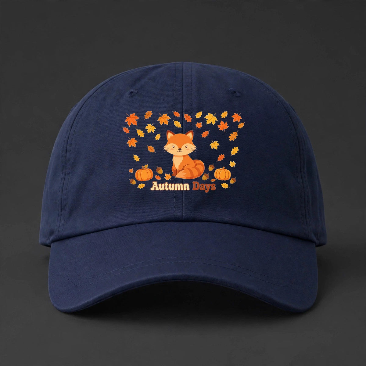 Autumn Days Fox Cap - Fox and Fall Leaves Dad Hat - navy