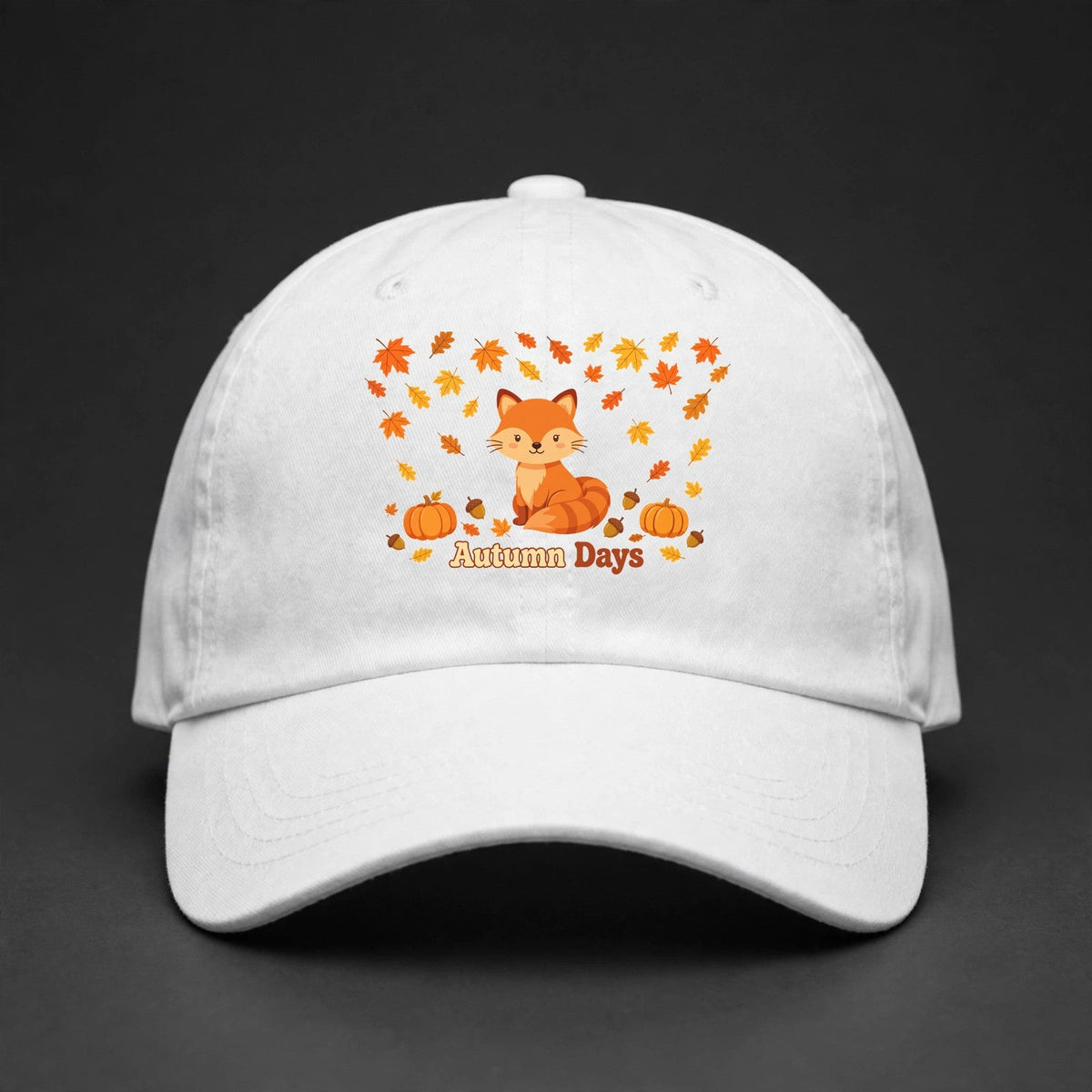 Autumn Days Fox Cap - Fox and Fall Leaves Dad Hat - white
