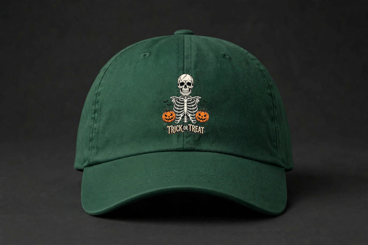 Trick or Treat Skeleton Cap - Skeleton Ribcage Skull Halloween Dad Hat - forest-green