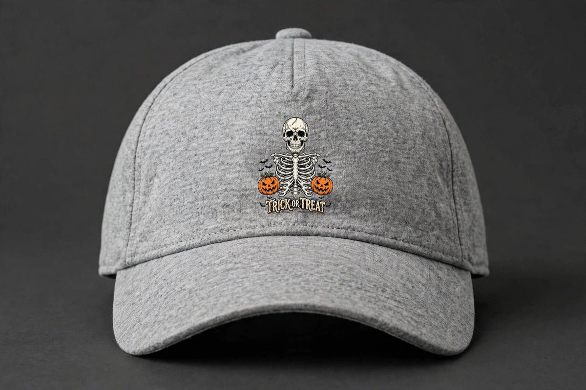 Trick or Treat Skeleton Cap - Skeleton Ribcage Skull Halloween Dad Hat - heather-grey