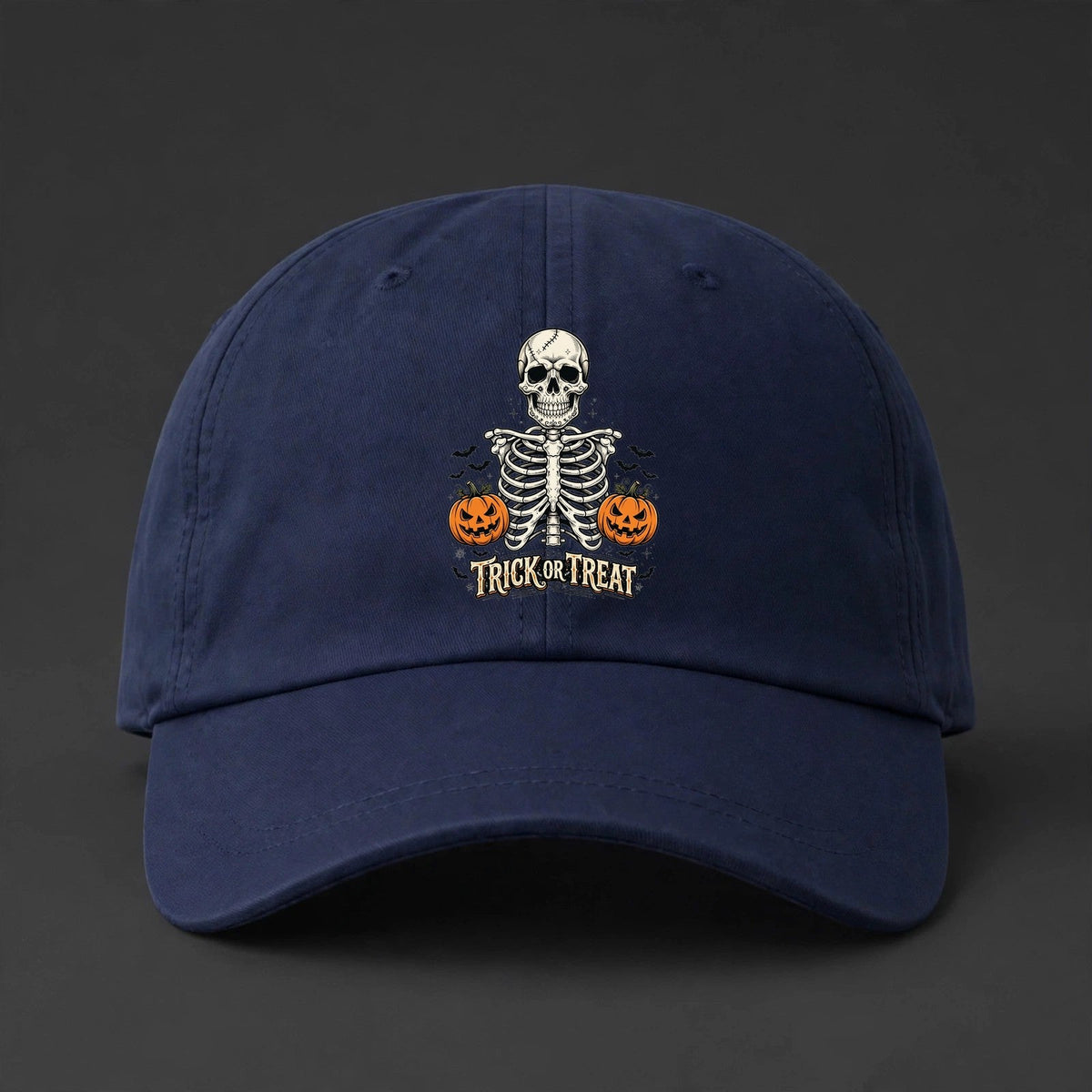 Trick or Treat Skeleton Cap - Skeleton Ribcage Skull Halloween Dad Hat - navy