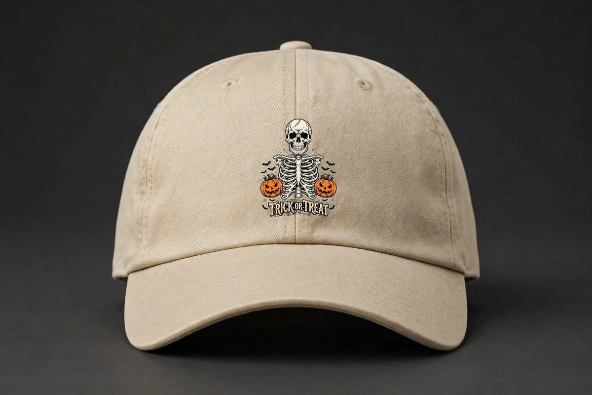 Trick or Treat Skeleton Cap - Skeleton Ribcage Skull Halloween Dad Hat - sand