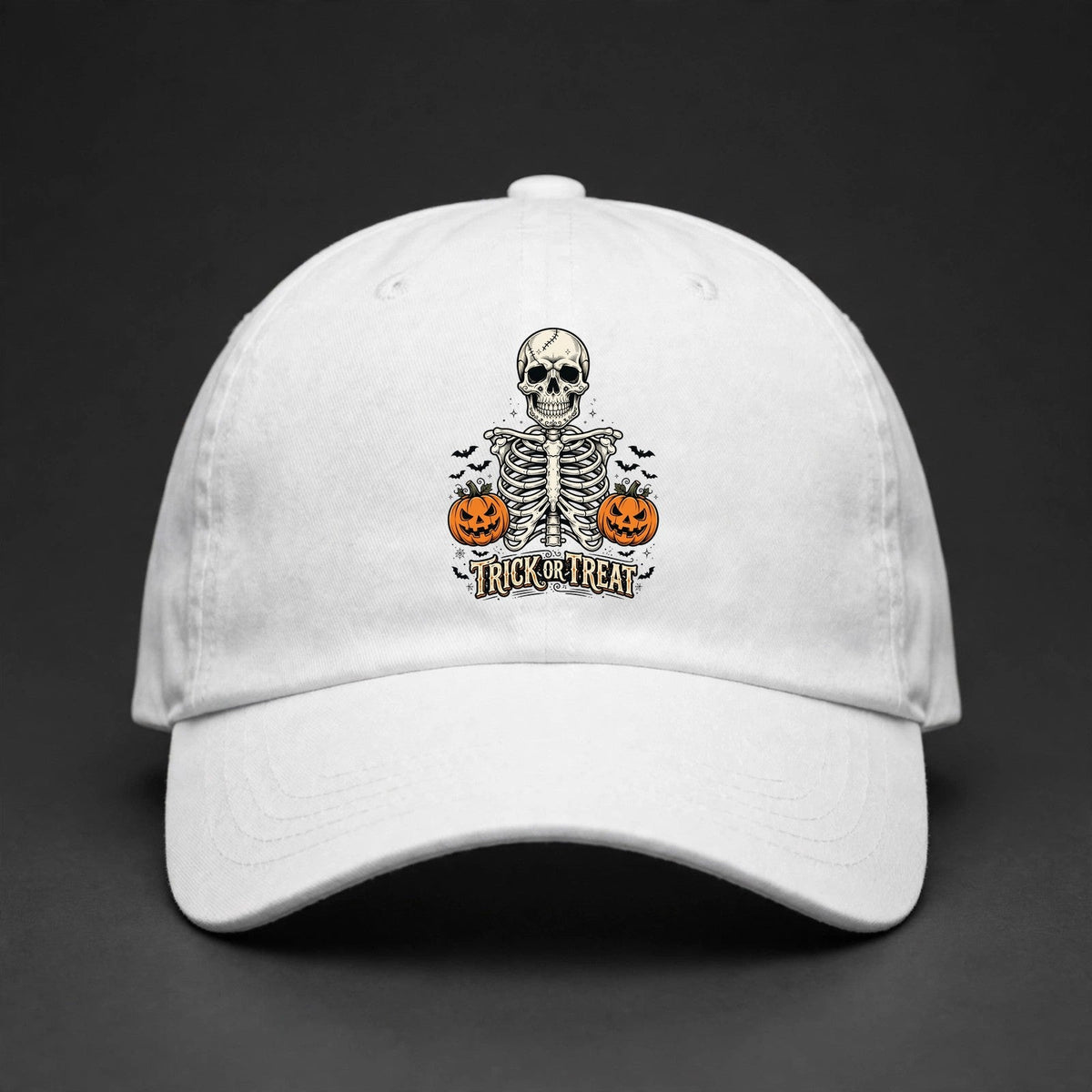 Trick or Treat Skeleton Cap - Skeleton Ribcage Skull Halloween Dad Hat - white