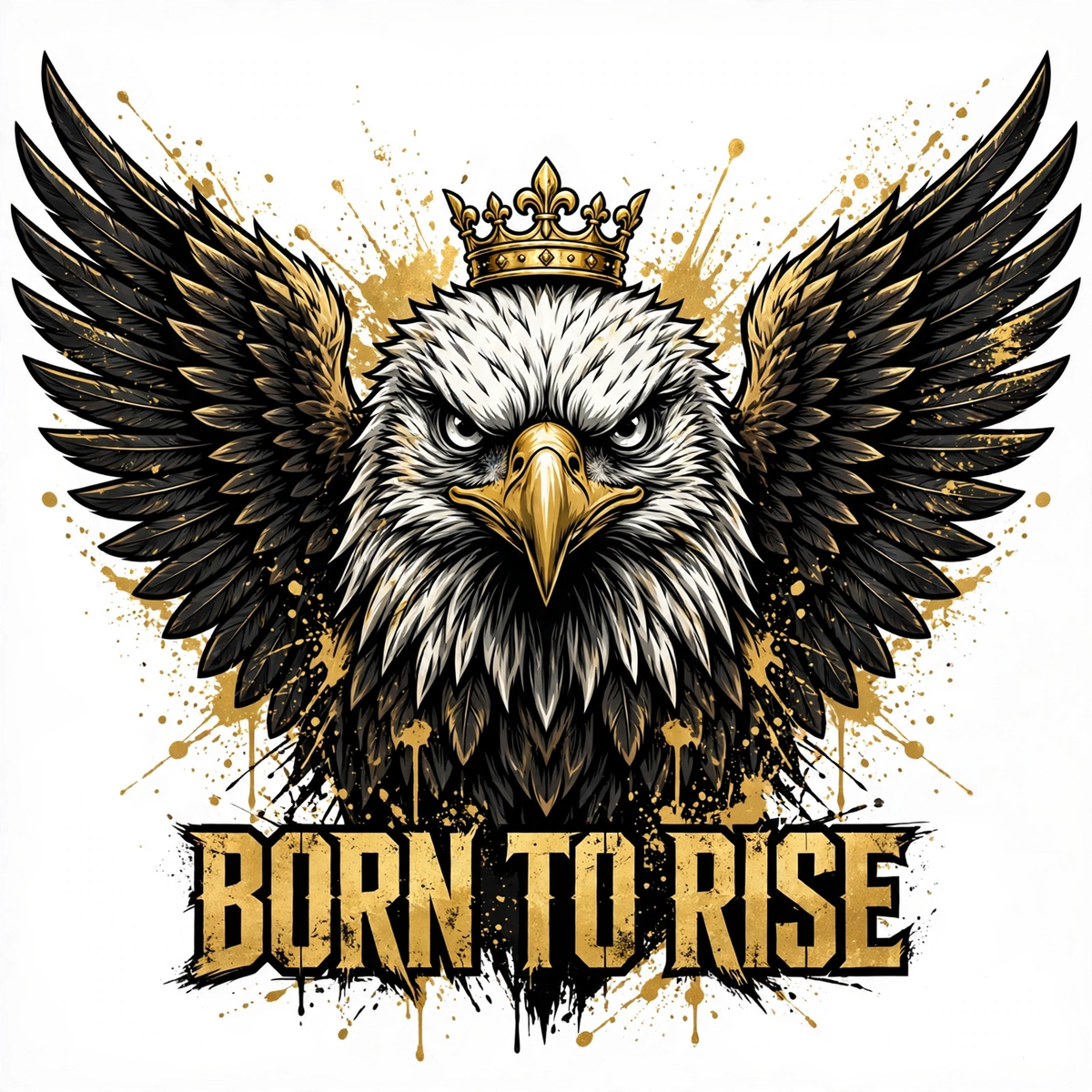 Crowned eagle with spread wings and gold splashes - Born to Rise design