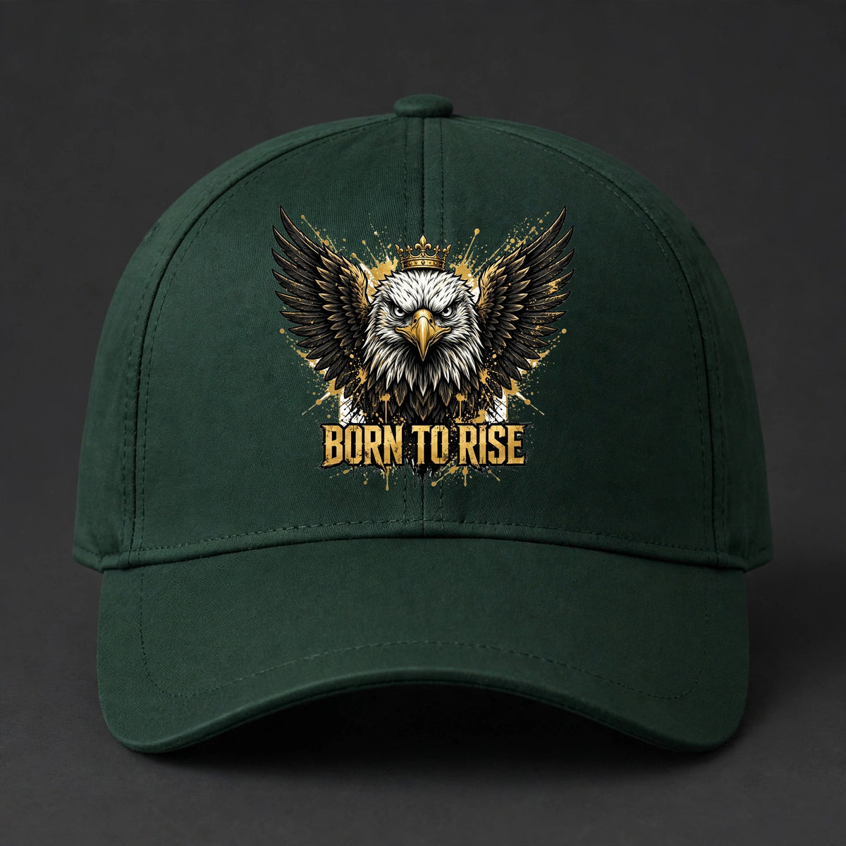 Born to Rise Eagle Fitted Cap - Crowned Eagle Flexfit Closed Back Hat - Forest Green