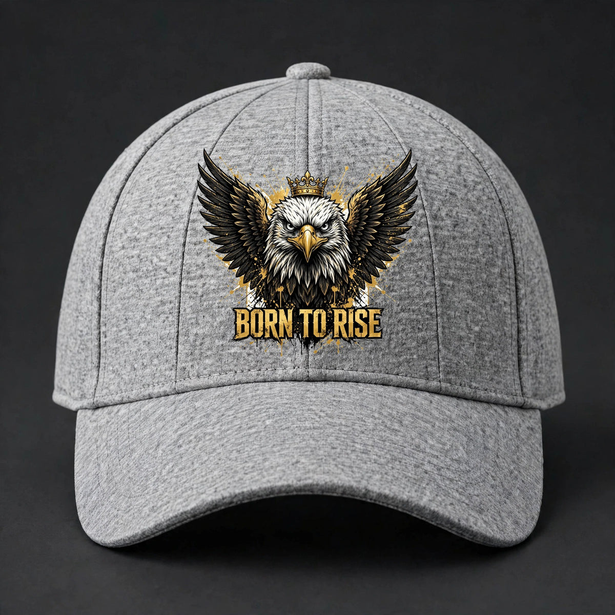 Born to Rise Eagle Fitted Cap - Crowned Eagle Flexfit Closed Back Hat - Heather Grey