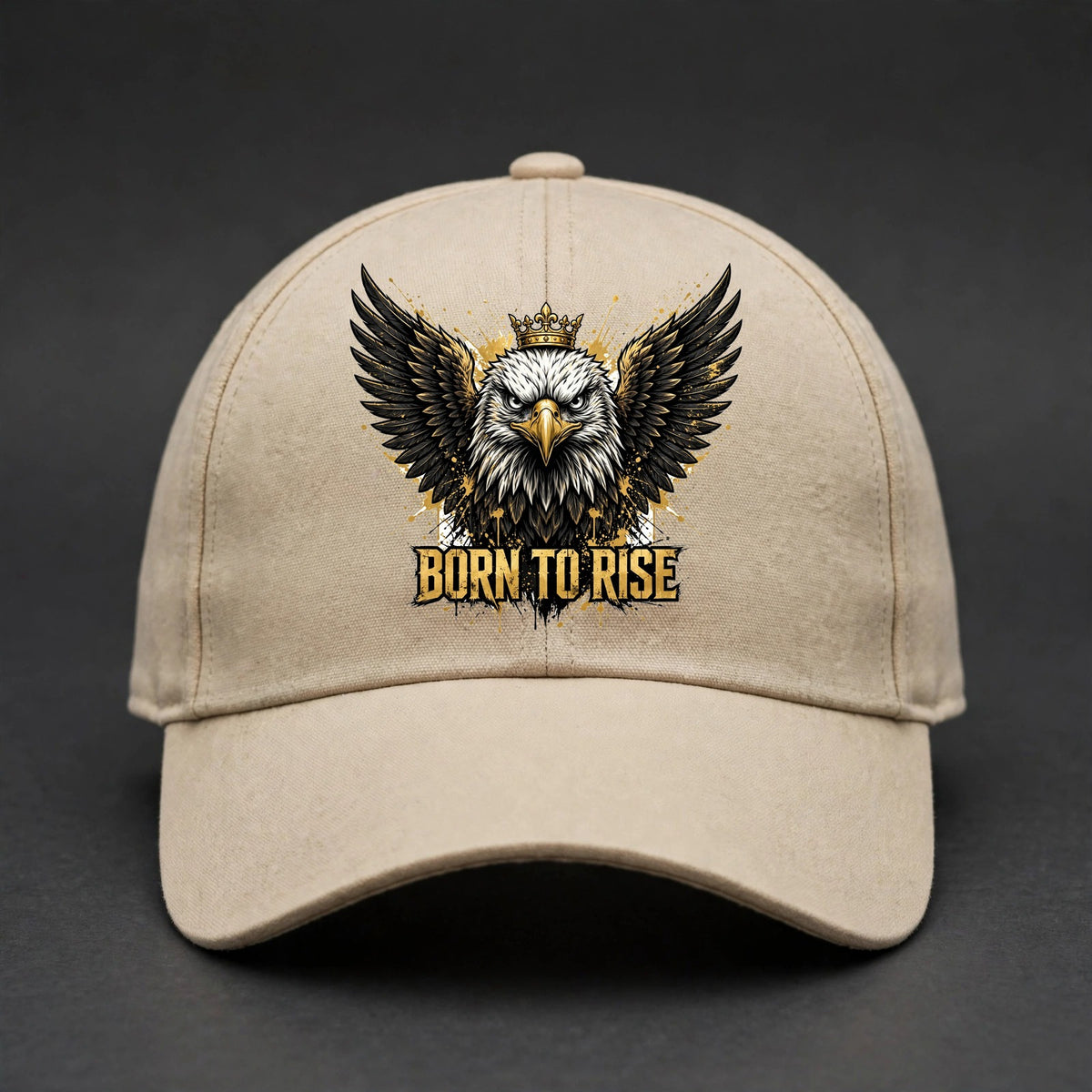 Born to Rise Eagle Fitted Cap - Crowned Eagle Flexfit Closed Back Hat - Sand