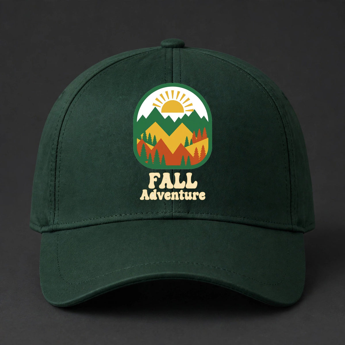 Fall Adventure Fitted Cap - Mountains and Pines Flexfit Closed Back Hat - Forest Green