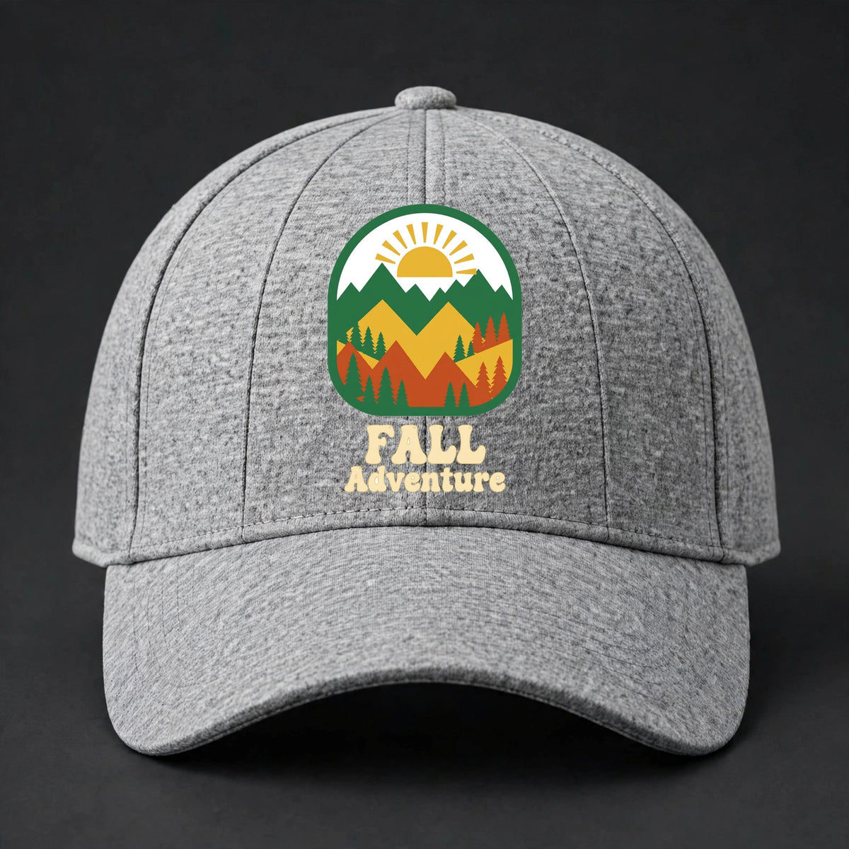 Fall Adventure Fitted Cap - Mountains and Pines Flexfit Closed Back Hat - Heather Grey