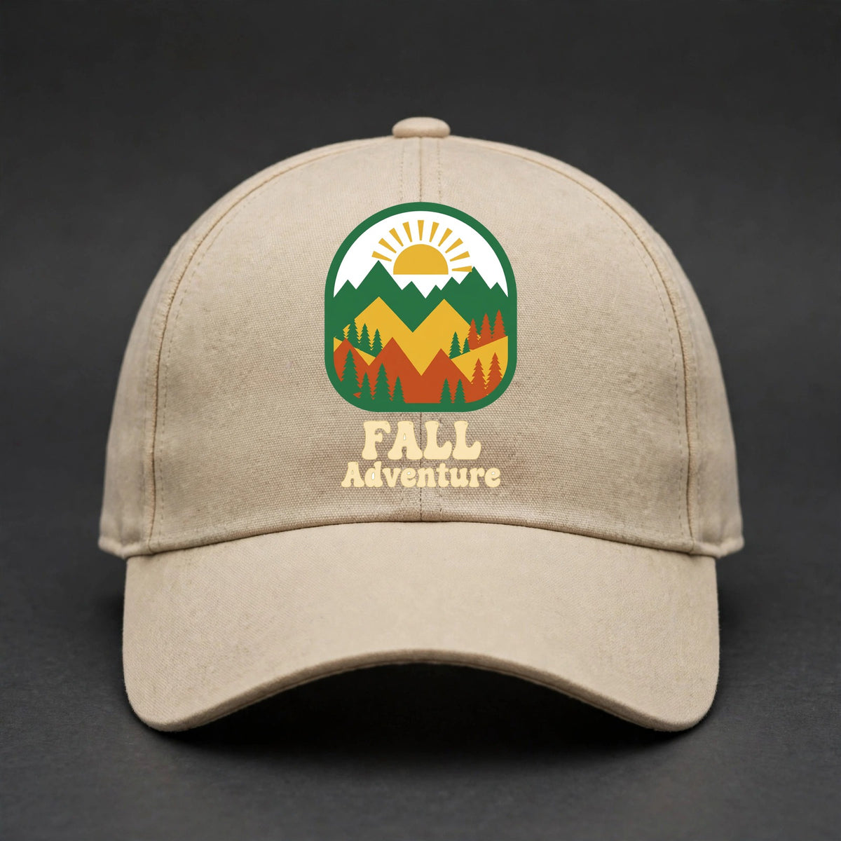 Fall Adventure Fitted Cap - Mountains and Pines Flexfit Closed Back Hat - Sand