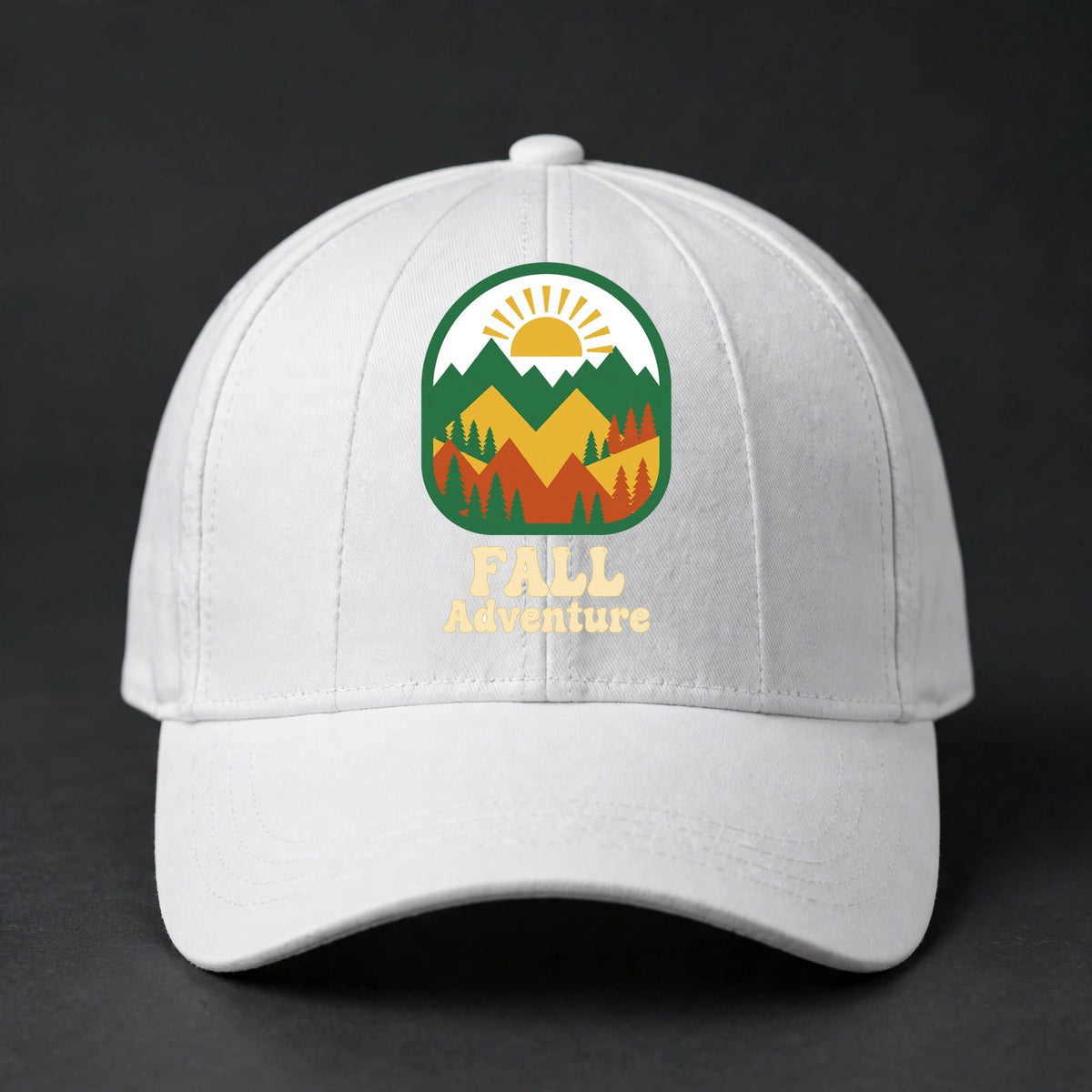 Fall Adventure Fitted Cap - Mountains and Pines Flexfit Closed Back Hat - White