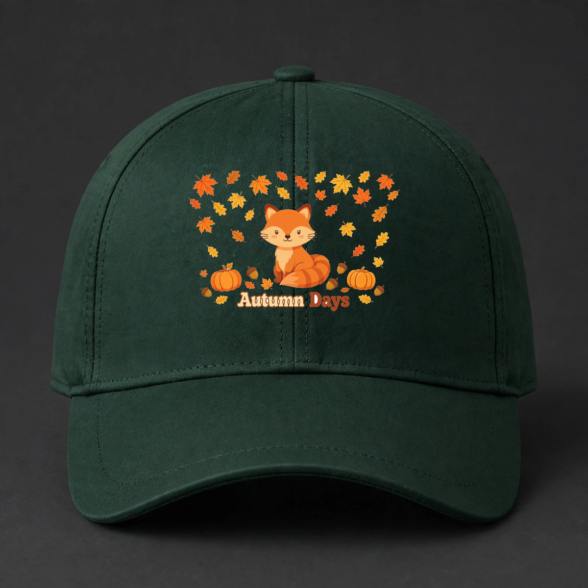 Autumn Days Fox Fitted Cap - Fox and Fall Leaves Flexfit Closed Back Hat - Forest Green