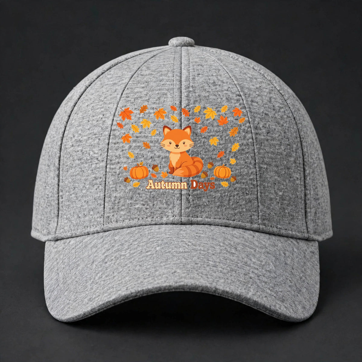 Autumn Days Fox Fitted Cap - Fox and Fall Leaves Flexfit Closed Back Hat - Heather Grey