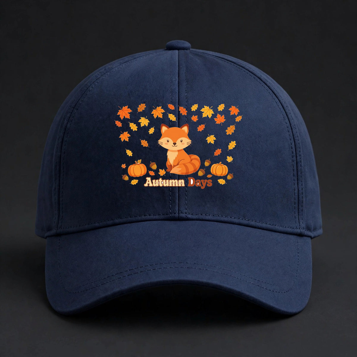 Autumn Days Fox Fitted Cap - Fox and Fall Leaves Flexfit Closed Back Hat - Navy