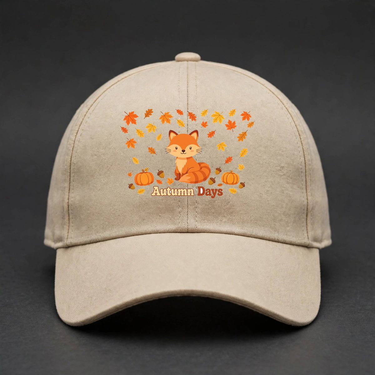 Autumn Days Fox Fitted Cap - Fox and Fall Leaves Flexfit Closed Back Hat - Sand