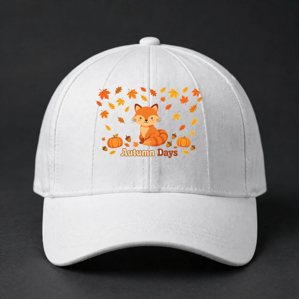 Autumn Days Fox Fitted Cap - Fox and Fall Leaves Flexfit Closed Back Hat - White