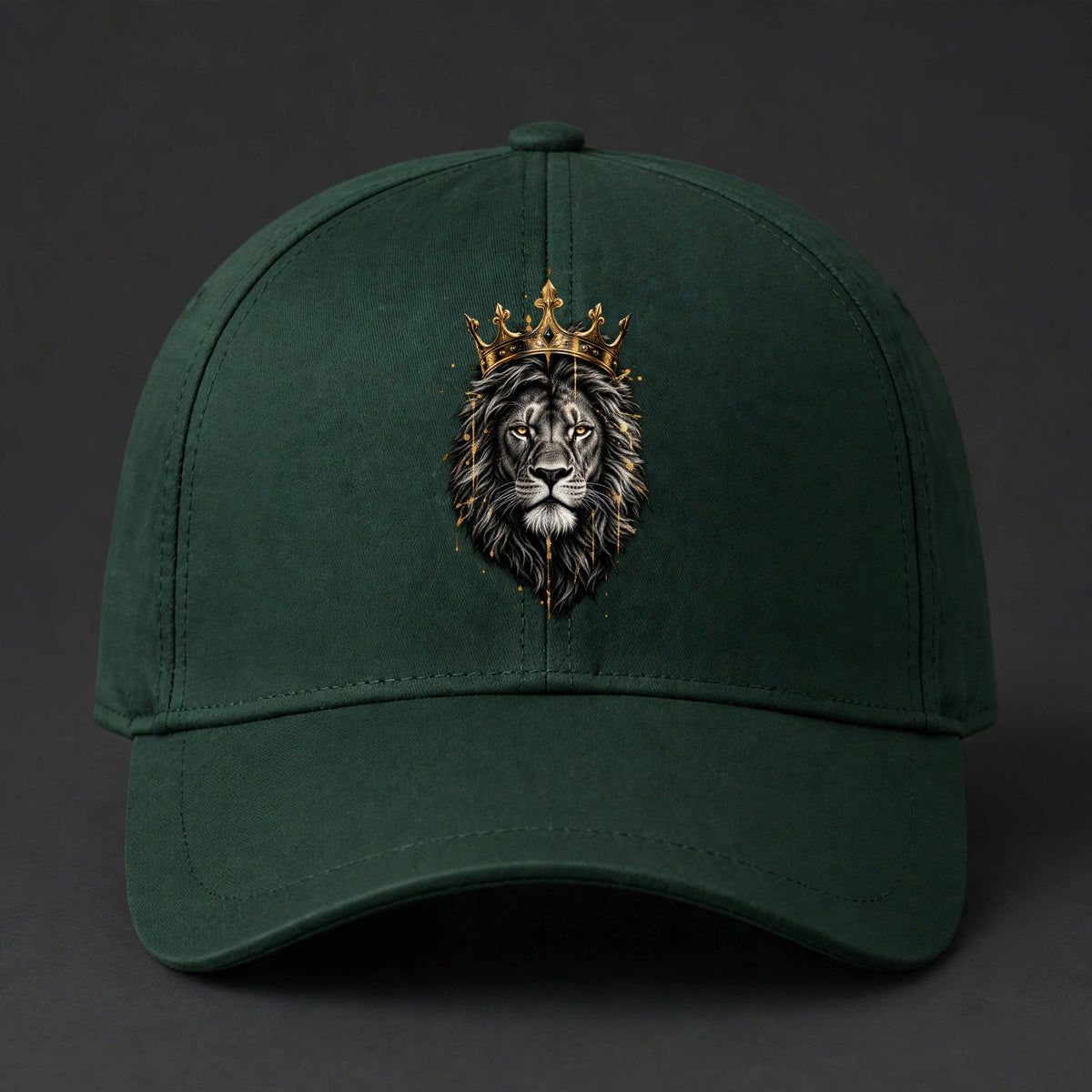 Crowned Lion Fitted Cap - Gold King Lion Flexfit Closed Back Hat - Forest Green