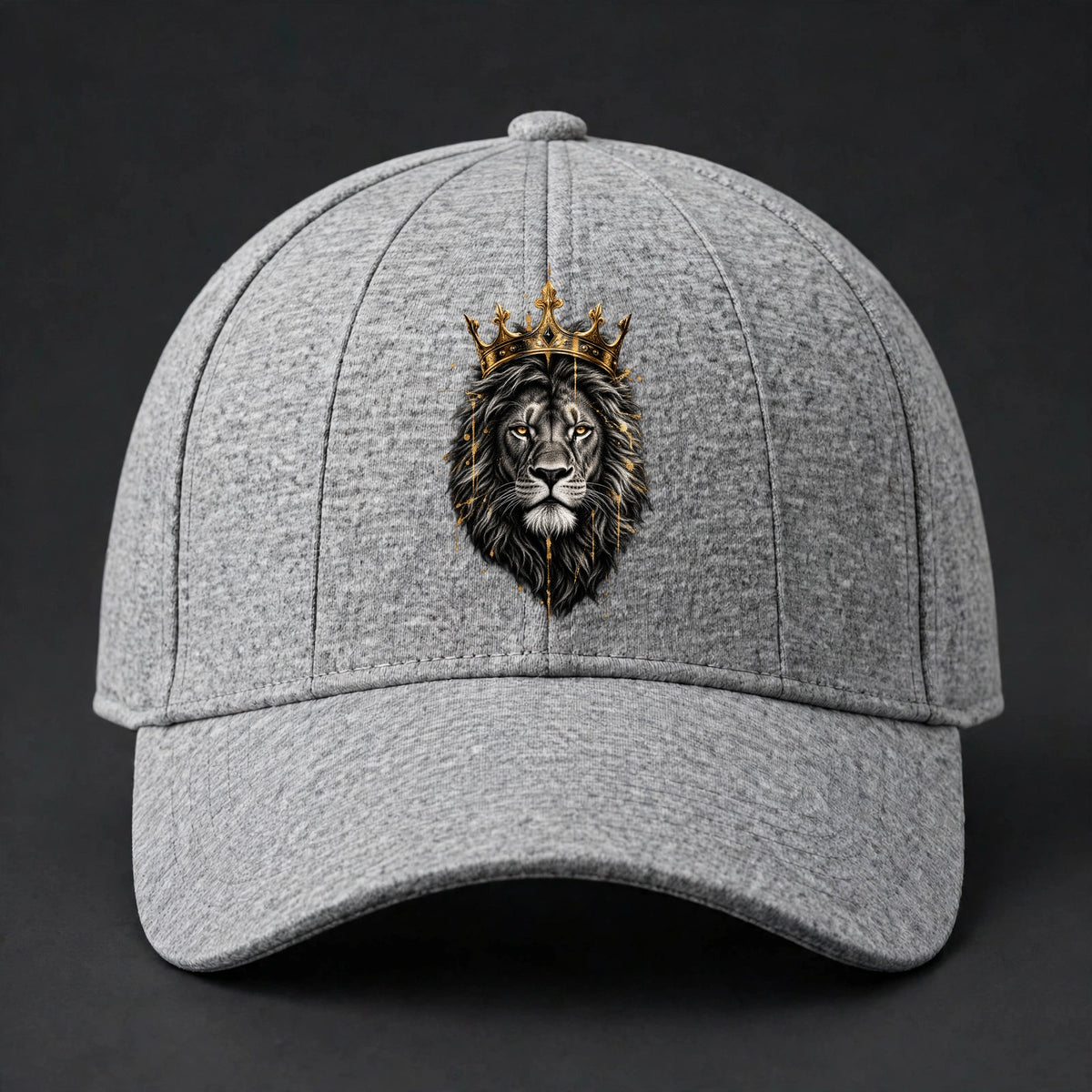 Crowned Lion Fitted Cap - Gold King Lion Flexfit Closed Back Hat - Heather Grey