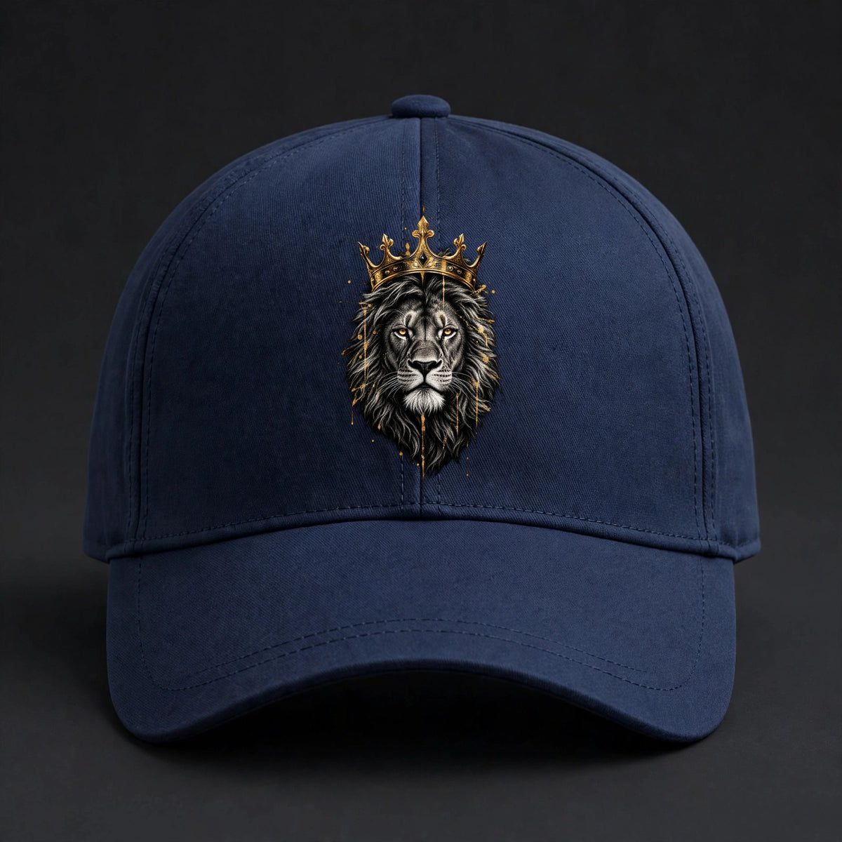 Crowned Lion Fitted Cap - Gold King Lion Flexfit Closed Back Hat - Navy